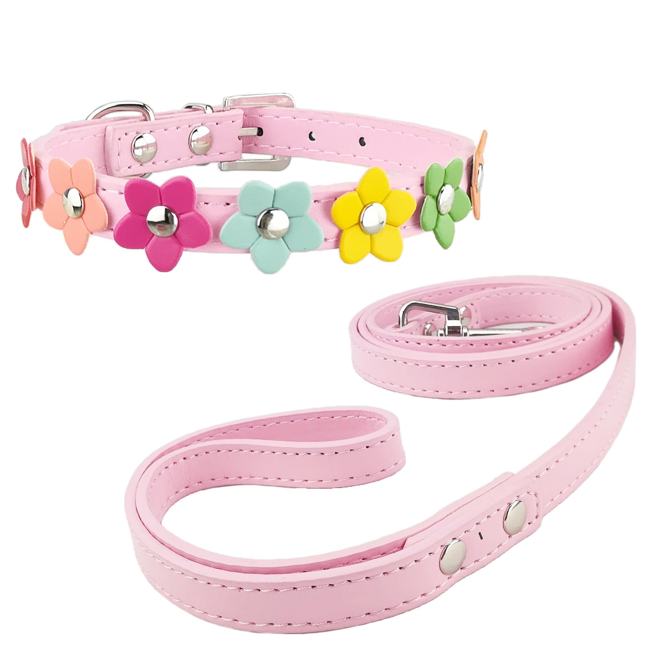 Newtensina Stylish Dog Collar and Lead Set Dog Collar Girl Flower Puppy Collars Leashes for Small Dogs with Flower - Pink - M