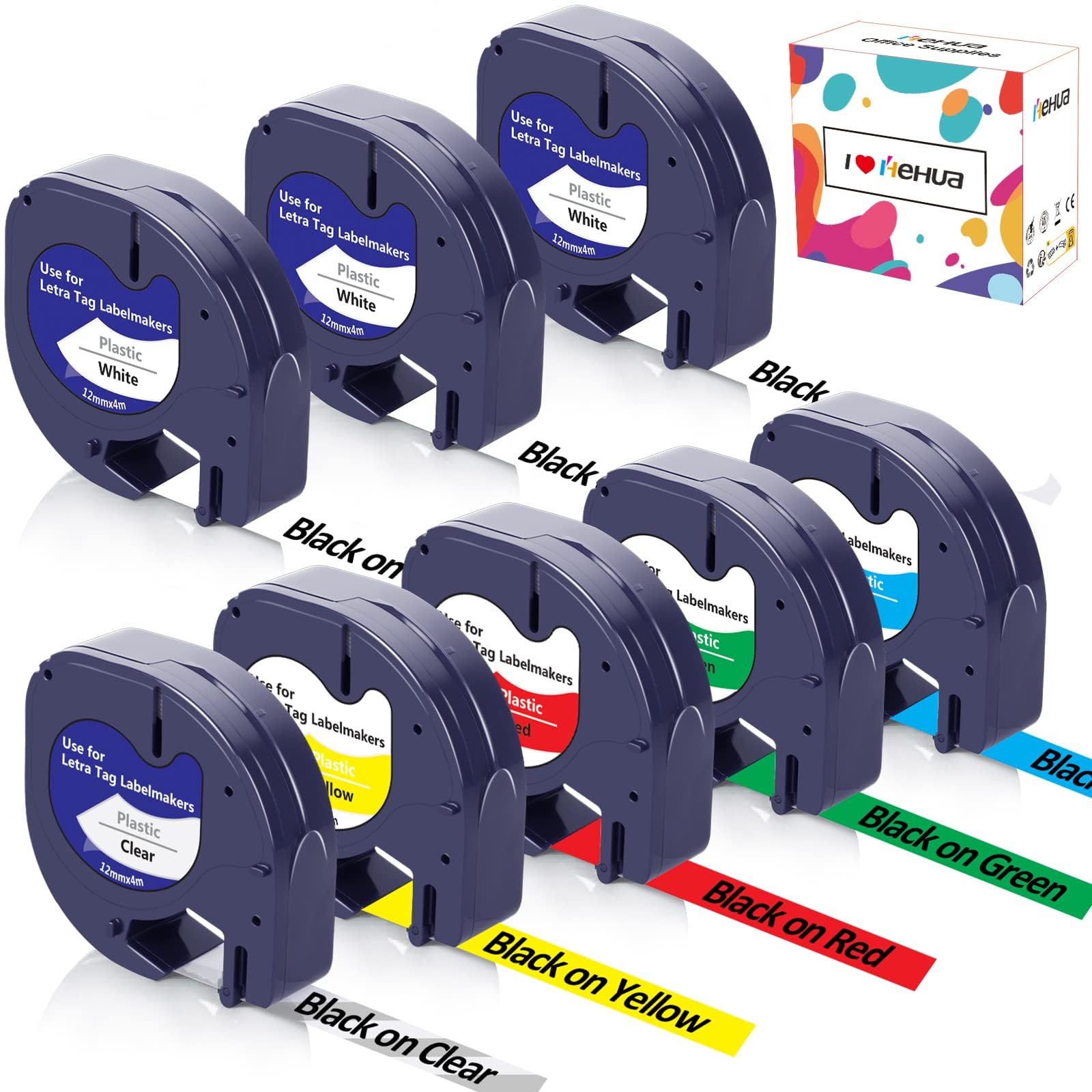 Hehua 8 Pack Replacement for Dymo Letratag Plastic Label Tape 91201 (3pack) 91202 91203 91204 91205 12267, Compatible with Dymo LetraTag LT-100H LT-100T Plus LT-110T QX50 XR XM 2000 (12mm x 4m)