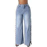 Vakkest Women's High Waist Rhinestone Jeans Diamond Lace Up Hollow Out Split Denim Pants Fringe Hem Wide Leg Trouser