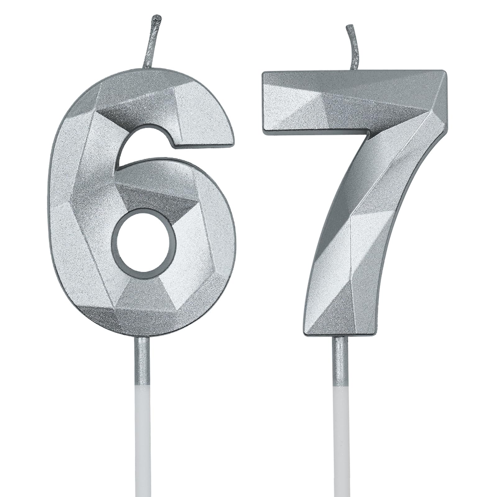 Photo 1 of 67th & 76th Birthday Candles for Cake, Silver Number 67 76 3D Diamond Shaped Candle Birthday Decorations Party Supplies for Women or Men