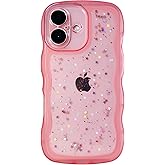 Qokey Compatible for iPhone 16 Case 6.1", Curly Wave Design Transparent Bling Glitter Star Shiny Cute Clear Transparent Shockproof Protection Soft Phone Cover for Women Girls, Pink