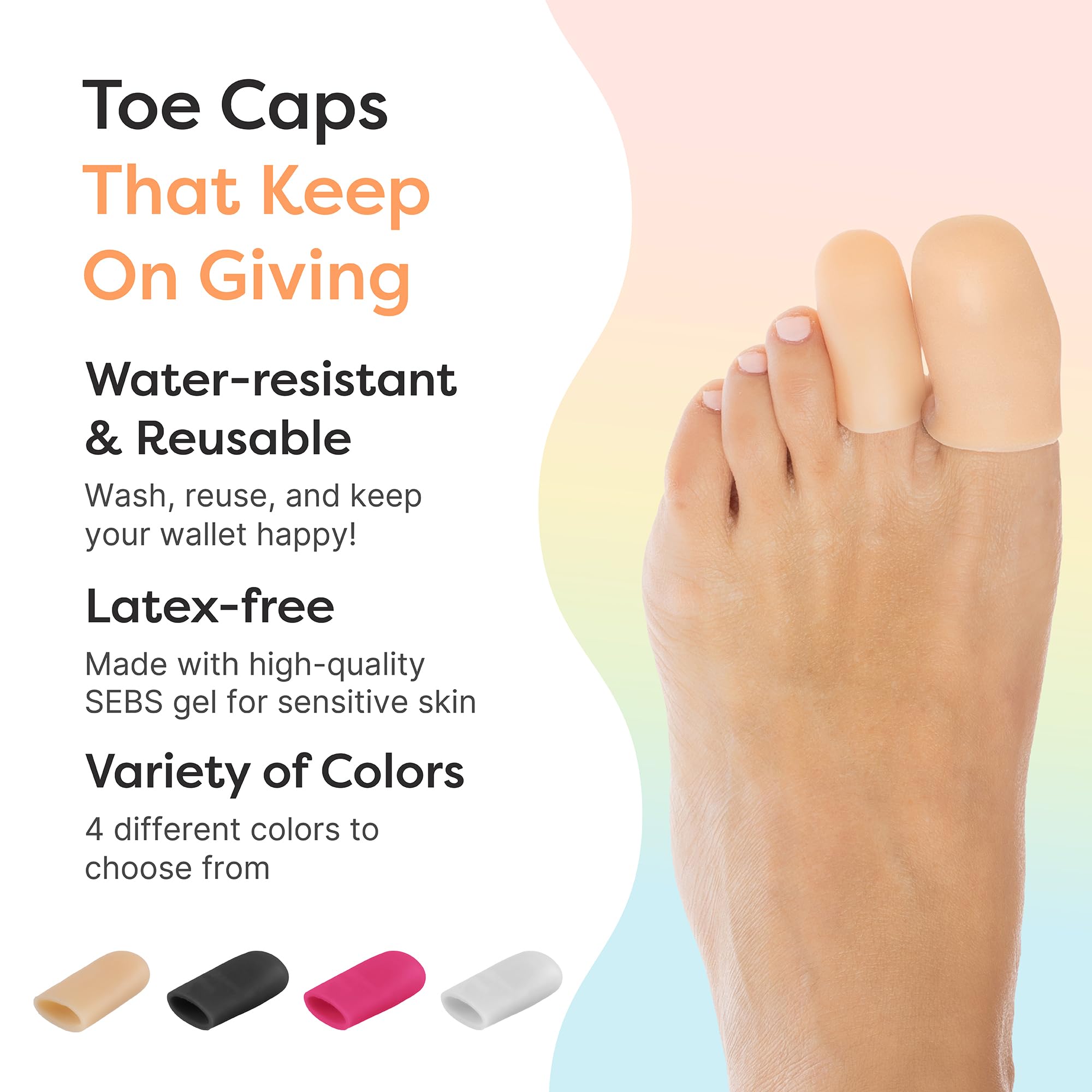 ZenToes 6 Pack Gel Toe Cap and Protector - Cushions and Protects to Provide Relief from Missing or Ingrown Toenails, Corns, Blisters, Hammer Toes (Large, Beige)