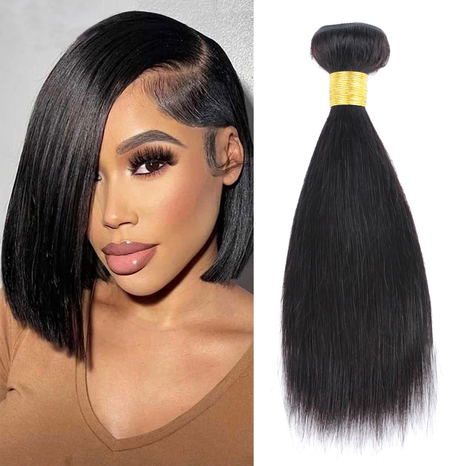 Huarisi Short Human Hair Straight Bundles 10 Inch, 8A Grade Unprocessed Brazilian Straight Hair for Black Women, Natural Color 1 Bundle Remy Hair Extensions Weft Sew in Weave — image 1