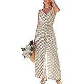 CUPSHE Summer Sleeveless Jumpsuits for Women Dressy Buttons Down Printed V Neck Wide Leg Jumpsuit with Pockets Vacation