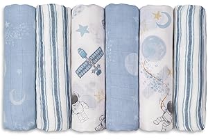 GLLQUEN BABY Receiving Blanket Boy Cotton Muslin Swaddle Blankets Girl Newborn Squares Breathable & Soft Thin Baby Blankets Cloths Double Absorbent Infant Swaddling Wrap - 6 Pack (Blue Astronaut)