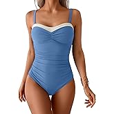 Aidonger One Piece Swimsuit Tummy Control Color Block Bathing Suits for Women Ruched Slimming Swim Suit Tie Back