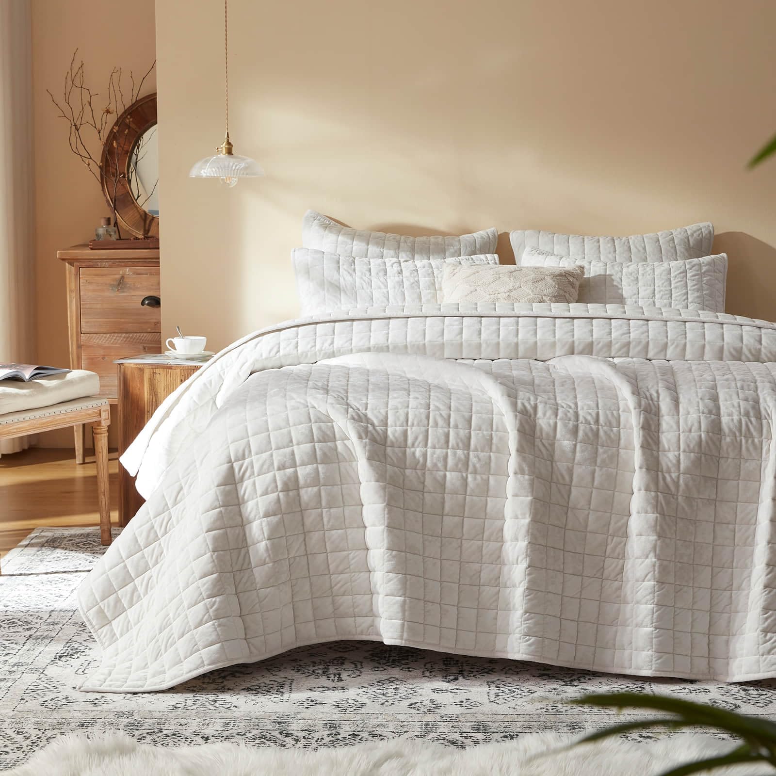 Photo 1 of LEAONME Velvet Quilt Oversized California King-120''x120'', Lightweight White Velvet Comforter Set with 2 Pillow Shams, Oversized Bedspread Coverlet Quilted Bedding Set for All Season