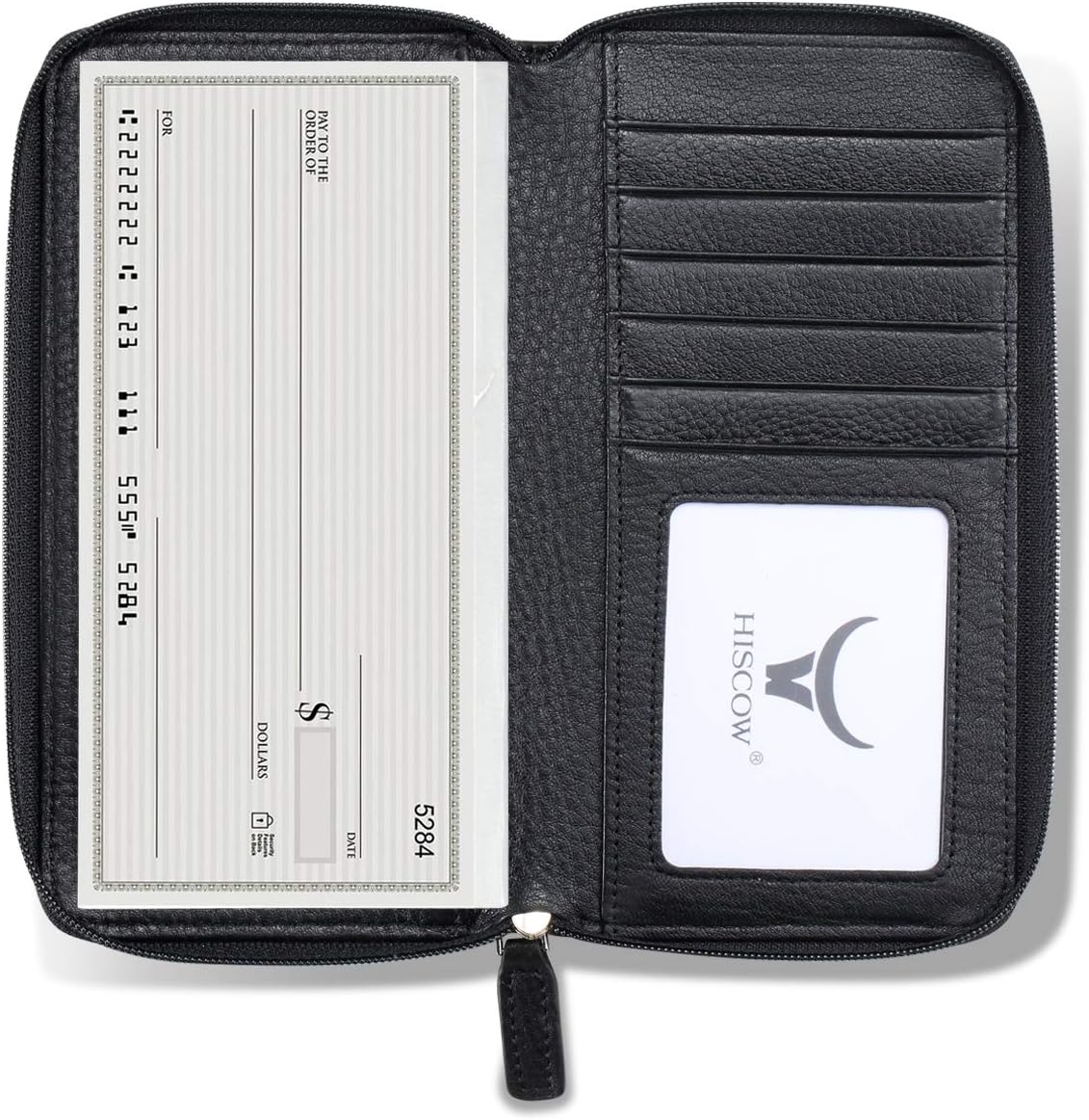 HISCOW Zippered Checkbook Cover & Card Holder with Divider - Italian Calfskin (Pebbled Black)