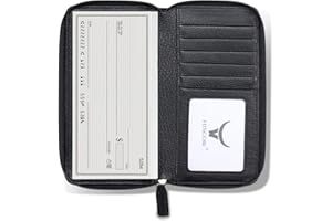 HISCOW Zippered Checkbook Cover & Card Holder with Divider - Italian Calfskin (Pebbled Black)