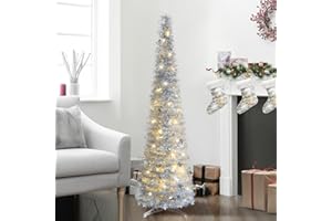 PINKSWAN 5Ft Pencil Christmas Tree Silver with Lights, Pop Up Christmas Tree Collapsible, Artificial Tinsel Slim Christmas Tree, Skinny Xmas Trees with Star Sequins and Warm Lights for Home Winter Decorations