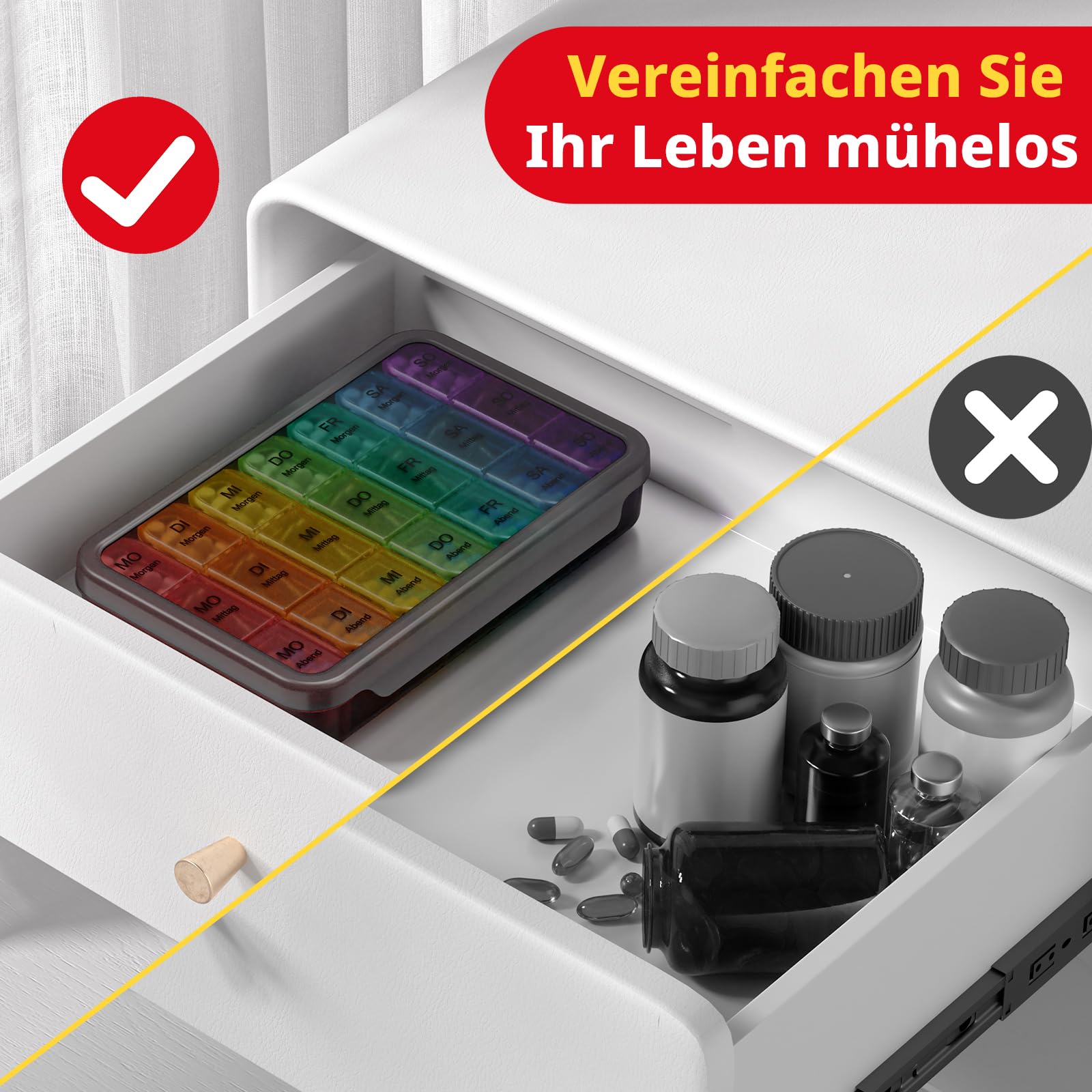 Doruimi Tablettenbox 7 Tage Morgens Mittags Abends, Medikamentenbox 7 Tage 3 fächer, Klein Pillendose Große Fächer - Schwarz 7