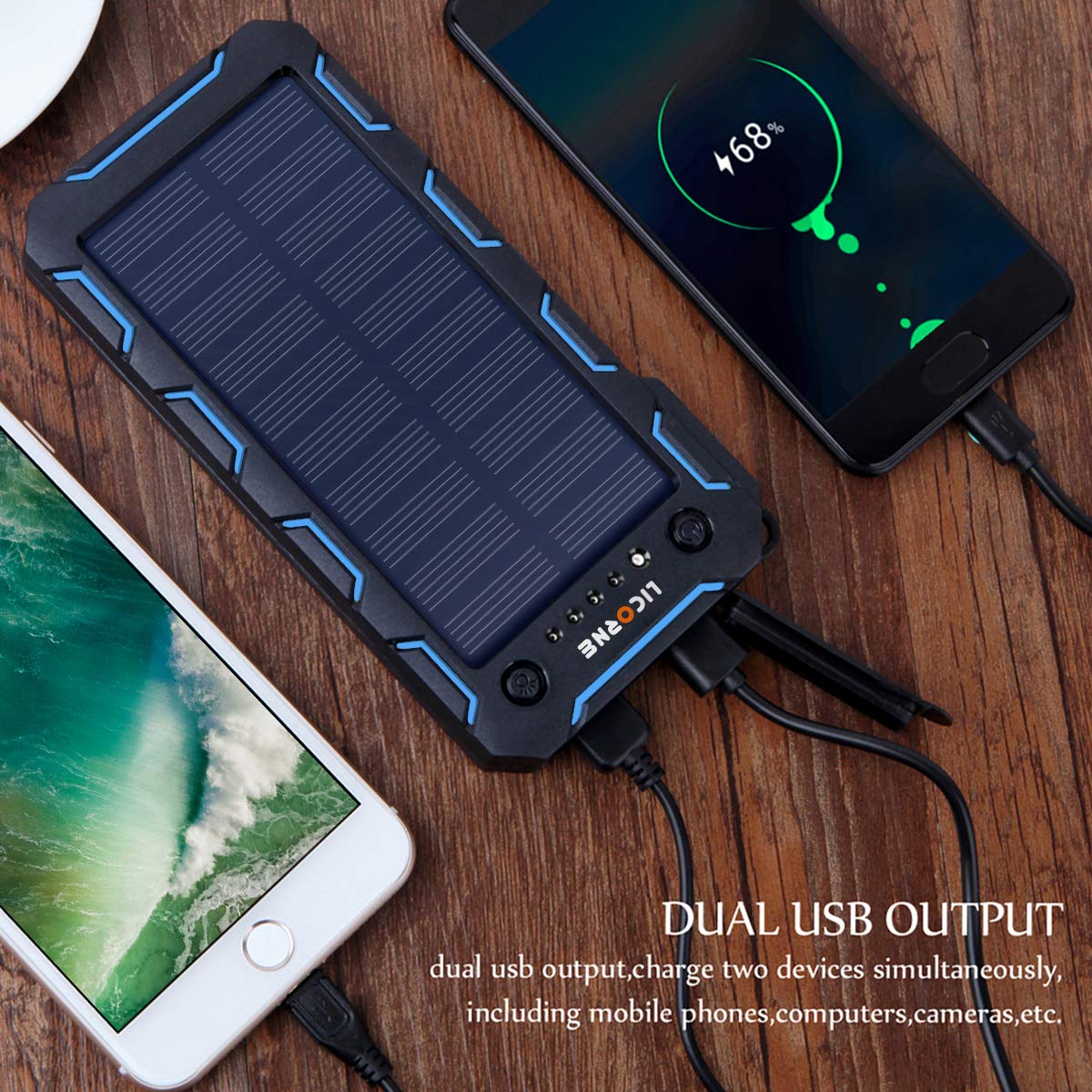 Solar Chargers,15000mAh Portable Solar Power Bank High Efficiency Sunpower Cellphone Chargers Rain-resistant Dirt/Shockproof Backup with Dual USB Port Solar Battery Charger for iPhone 7 / 6s / Plus, iPad Pro / Air 2 / mini, Galaxy S7 / S6 /