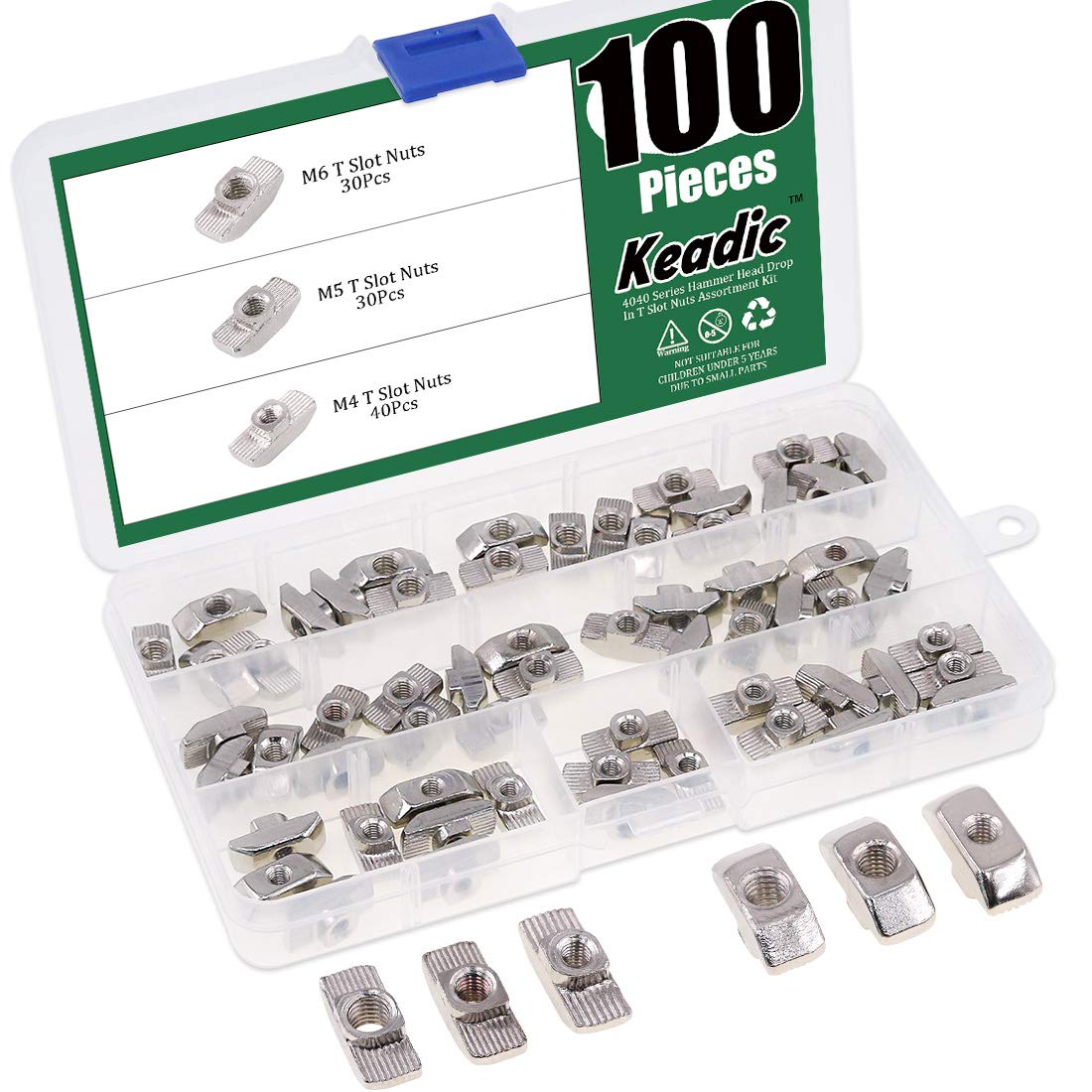 Keadic 100Pcs 4040 Series T Nuts, M4 M5 M6 Hammer Head Fastener Drop in T Slot Nut Assortment Kit with Organizing Box for Aluminum Profile - Carbon Steel Nickel Plated