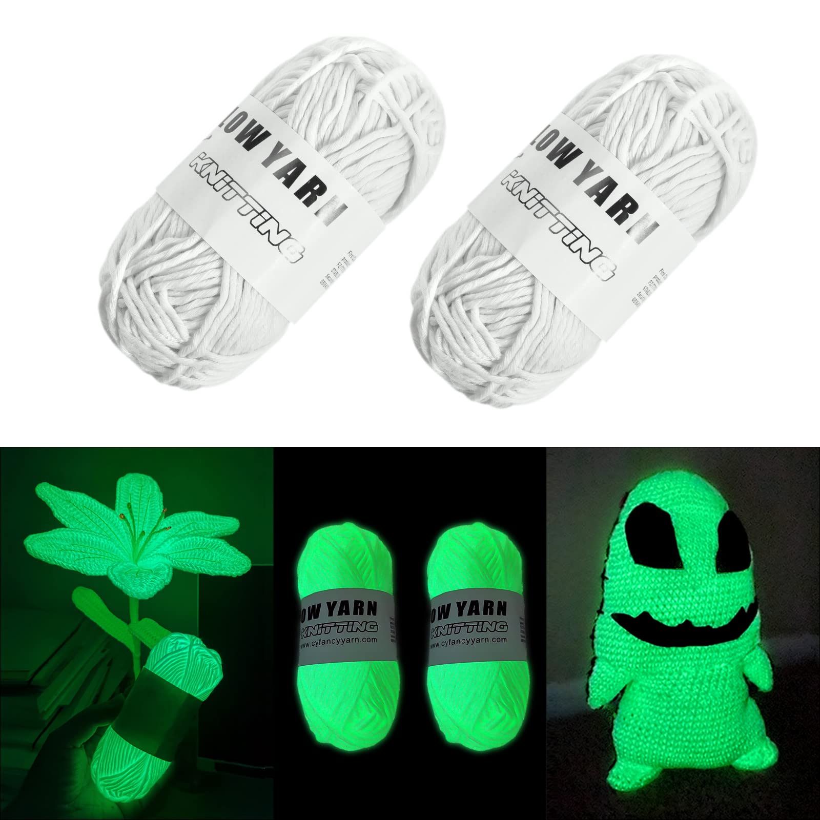 AUAUY Luminous Yarn, 2 PCS Polyester Yarn Glow in The Dark for Crocheting, 50 Yards Knitting Yarn DIY Handcraft Yards for Arts, Carpet Sweater Hat Scarf Gloves, Crafts & Sewing Beginners (White) — image 1