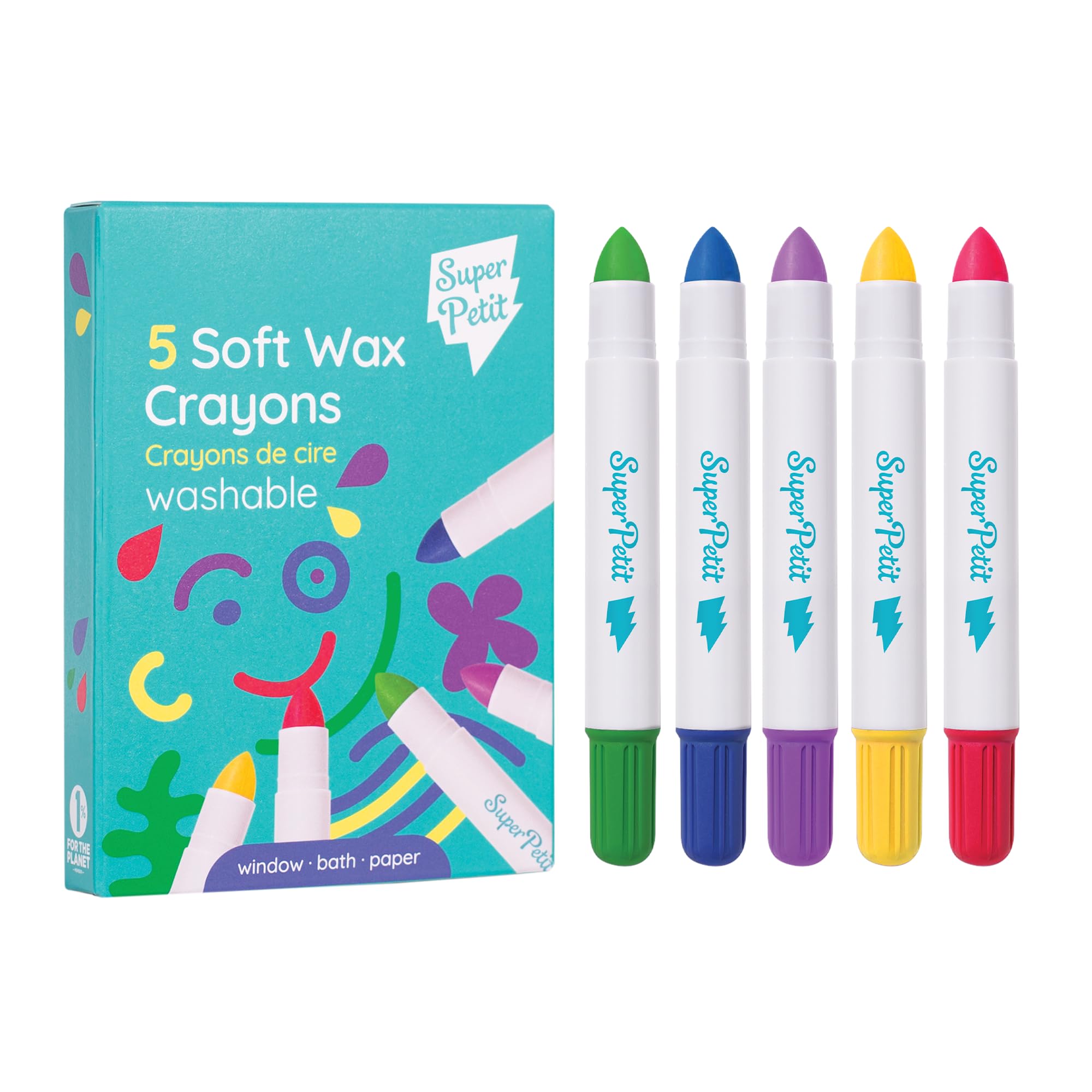 SUPER PETIT 5 Wax Crayons Neon/Classic Colours Super Soft and Washable Multi-Surfaces: Windows, Mirrors, Bathtubs and Paper. Easy to Clean – Reusable – Suitable for Ages 3 and Above (Classic)