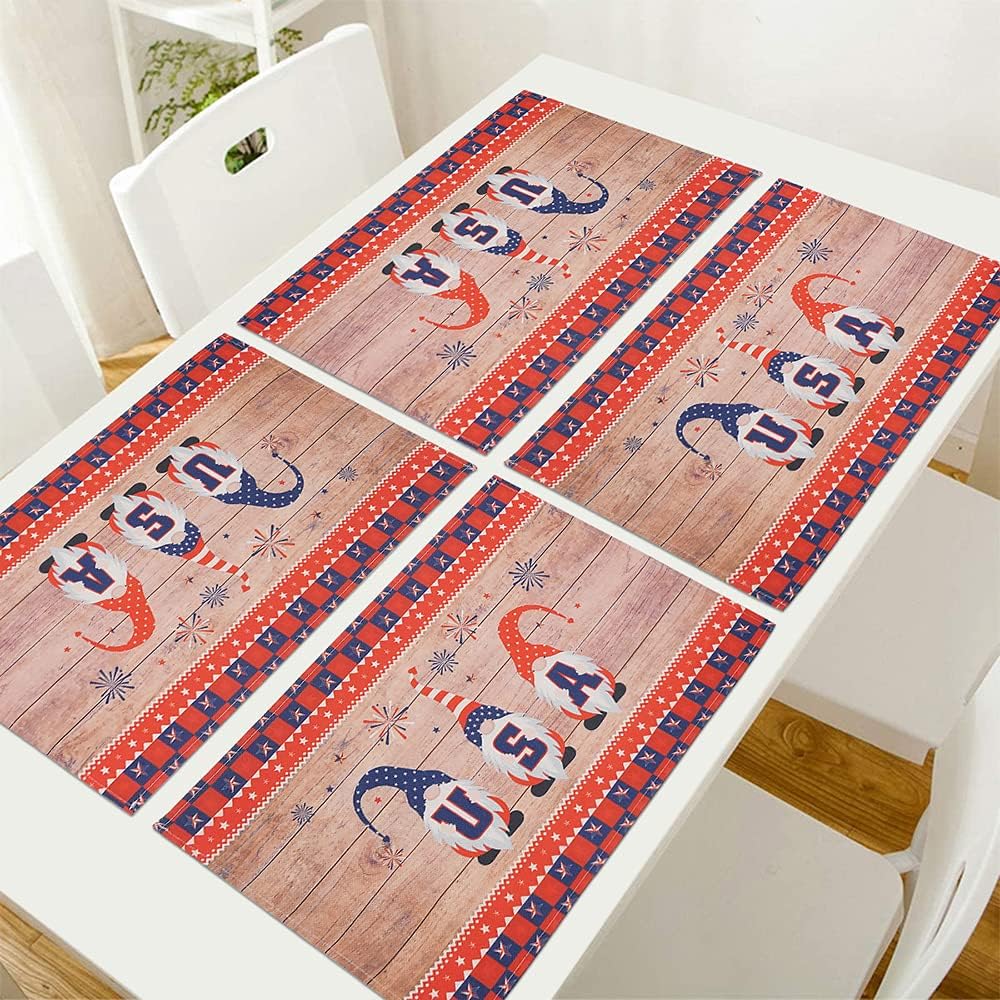 4th of July Cotton Linen Placemats for Dining Table, Washable Heat Resistant Star Patriotic Gnome Table Mats Set of 4, Red Blue White Decorations for Home Kitchen Indoor Independence Day by WEHVKEI: Kitchen & Dining