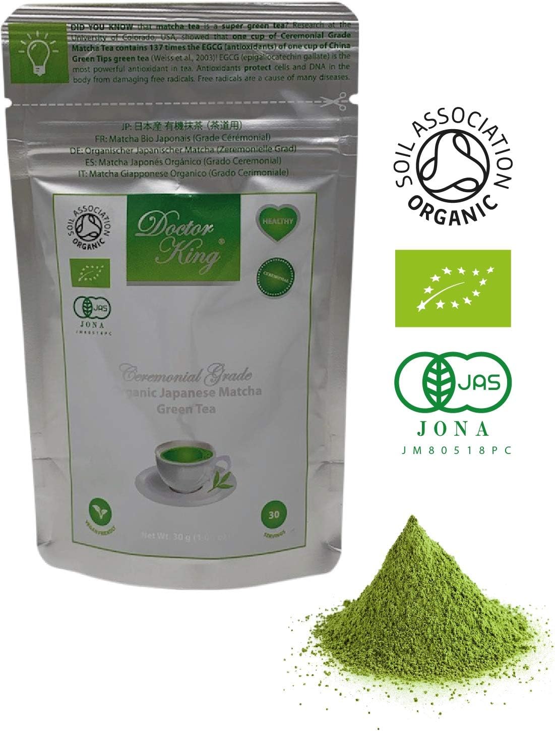 DOCTOR KING Ceremonial Grade Organic Japanese Matcha Green Tea | First Harvest Matcha | 30 Grams (30 Servings) | Made in Japan