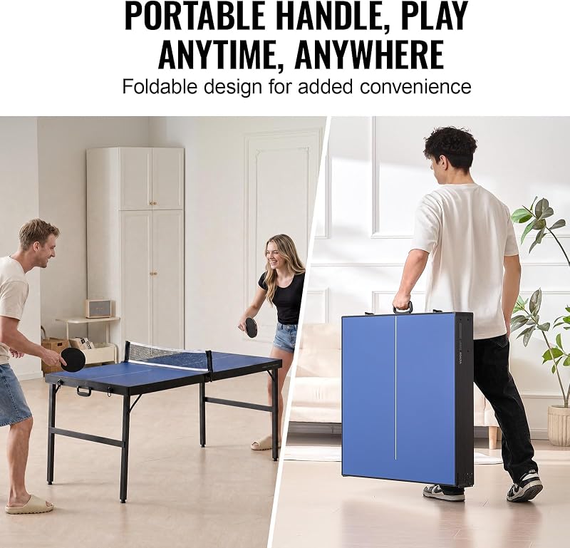 Tischtennistisch Ping-Pong-Tisch, mittelgroße tragbare Tischtennisplatte, Tischtennisplatte aus MDF zusammenklappbar komplettes Set mit Netz, 2 Schlägern, 3 Bällen, Tragetasche, Griff