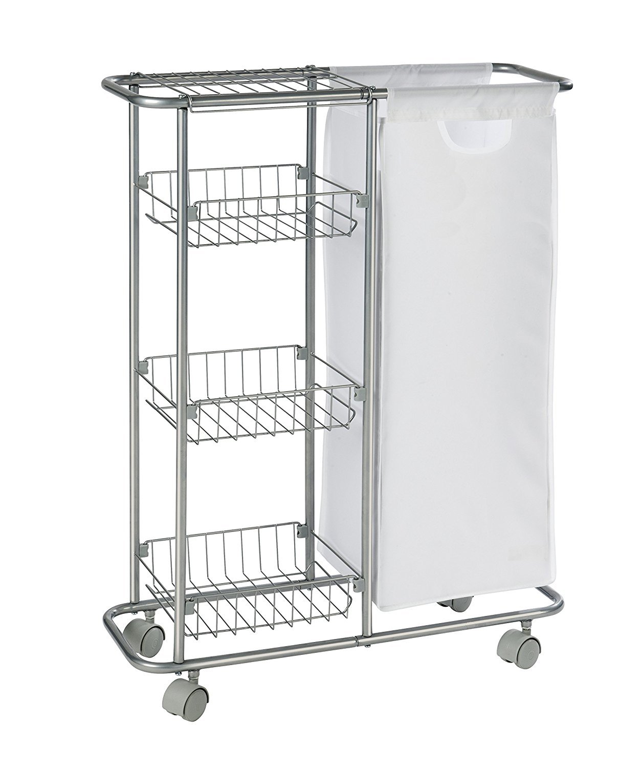 WENKO 12100100 Collecting trolley Slim 3 tiers, detachable bag, capacity 28 L, Metal powdercoated, 20 x 58 x 80 cm, Grey