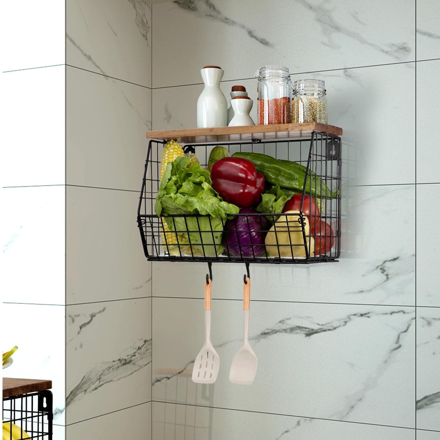 Hanging Fruit Basket, Kitchen Organiser, Fruit Bowl Hanging Basket Kitchen, Wall Fruit Basket with Wooden Lid, Fruit and Vegetable Basket for the Counter, Onion and Potato Snack Bread Holder (Small)