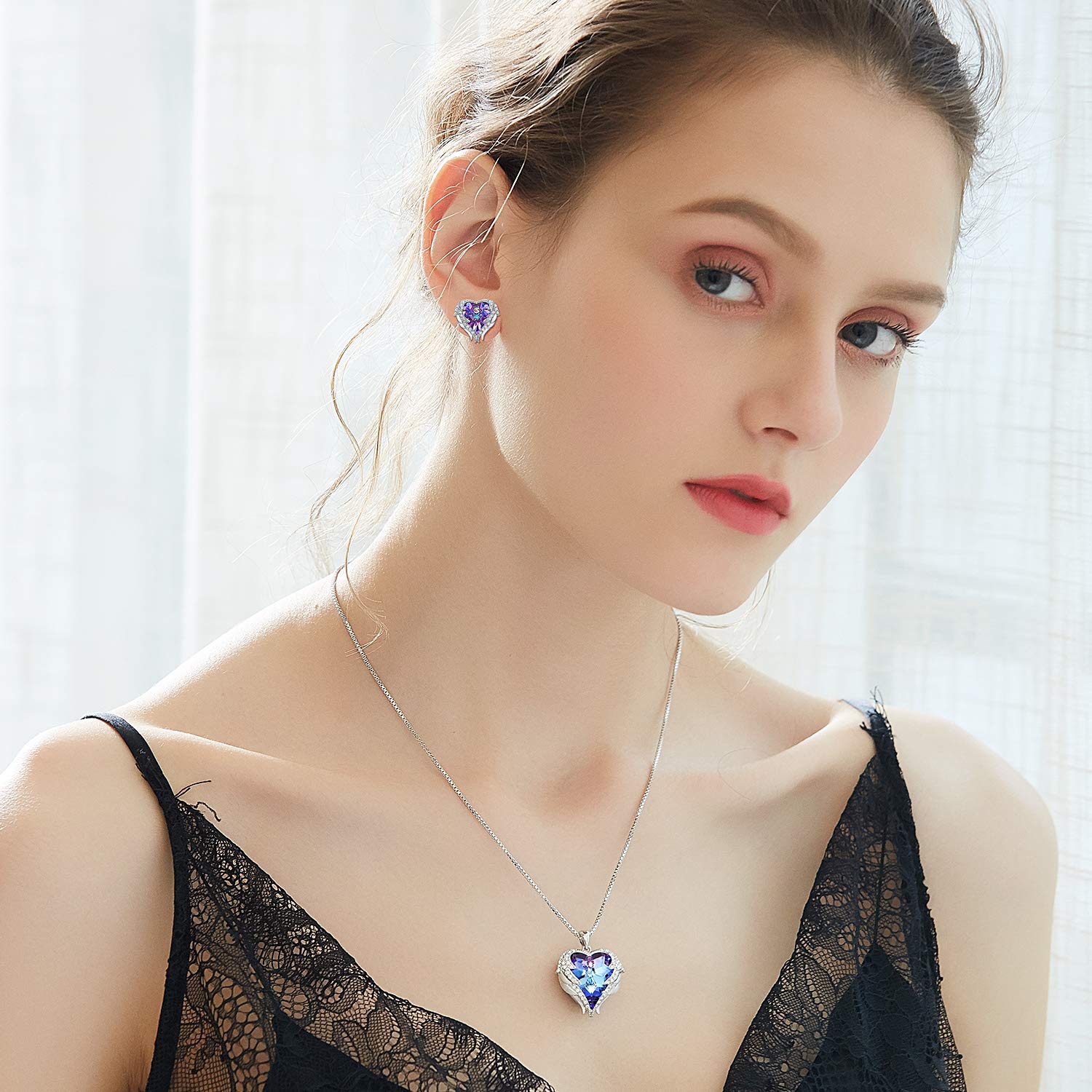 CDE Earrings for Women Swarovski Crystal Studs Silver Angel Wing Purple Heart Jewelry for Girls