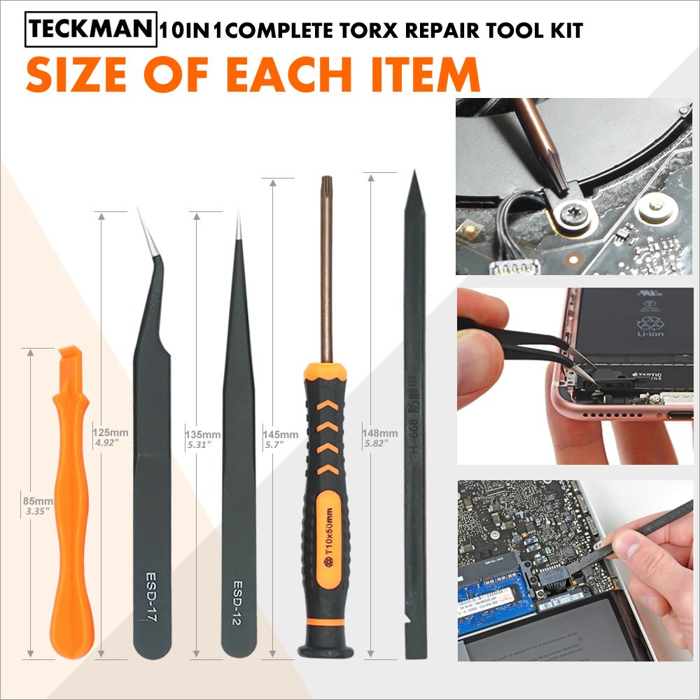 TECKMAN 10 in 1 Torx Screwdriver Set with T2 T3 T4 T5 T6 T8 T10 Security Torx Bit & ESD Tweezers,Magnetic Screwdrivers Precision Repair Kit for Xbox,PS4,Macbook,Computer,Ring Doorbell & Folding knife