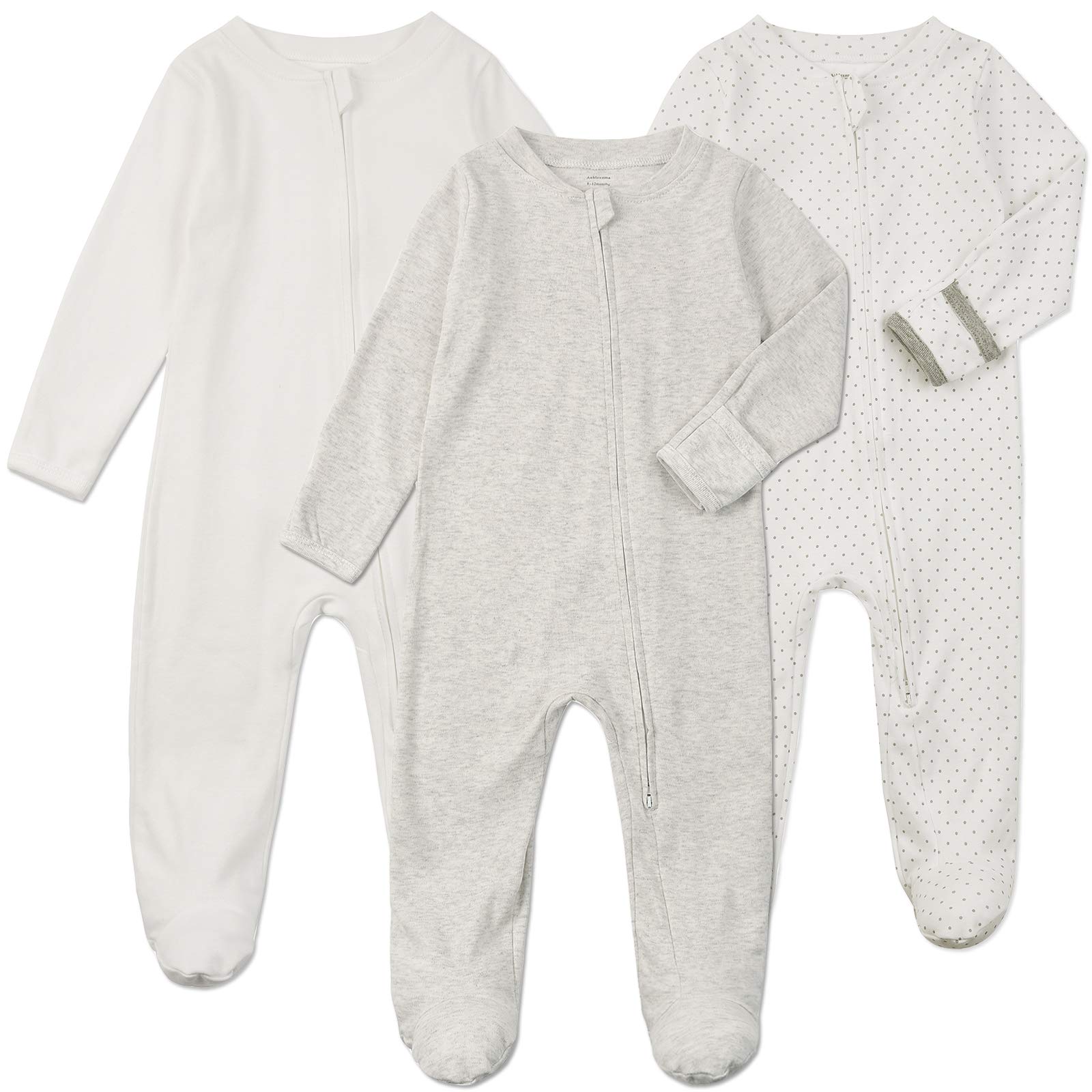 Photo 1 of Aablexema Baby Footie Pajamas with Mittens - 3Pcs Infant Footed Sleeper Cotton Sleepwear Outfits(0-3m, White/Grey/Dot)