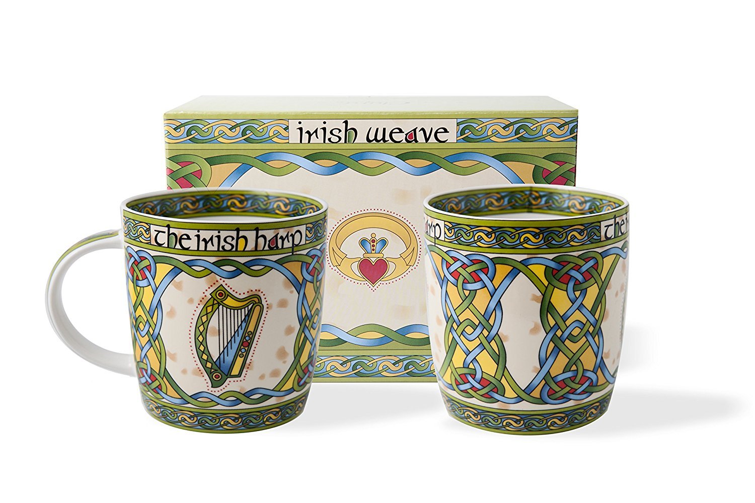 Irish Harp Mug Set of Two Bone China Cups in a Matching Gift Box | Cup Set Made of Ceramic with Celtic Knots and Irish Weave Pattern | 325 ml Coffee Tea Porcelain Mug Set by Royal Tara