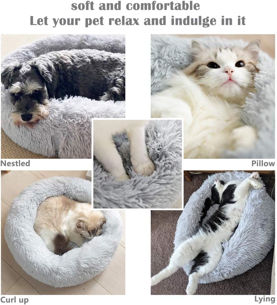 Nepfaivy Calming Dog Cat Donut Bed, 19.7in Fluffy Plush Puppy Kitten Cuddler Round Bed - Image 4