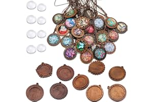 ToBeIT Bezel Pendant Trays Round Wooden and Glass Cabochon Round Clear Dome for DIY Crafting Photo Jewelry Making