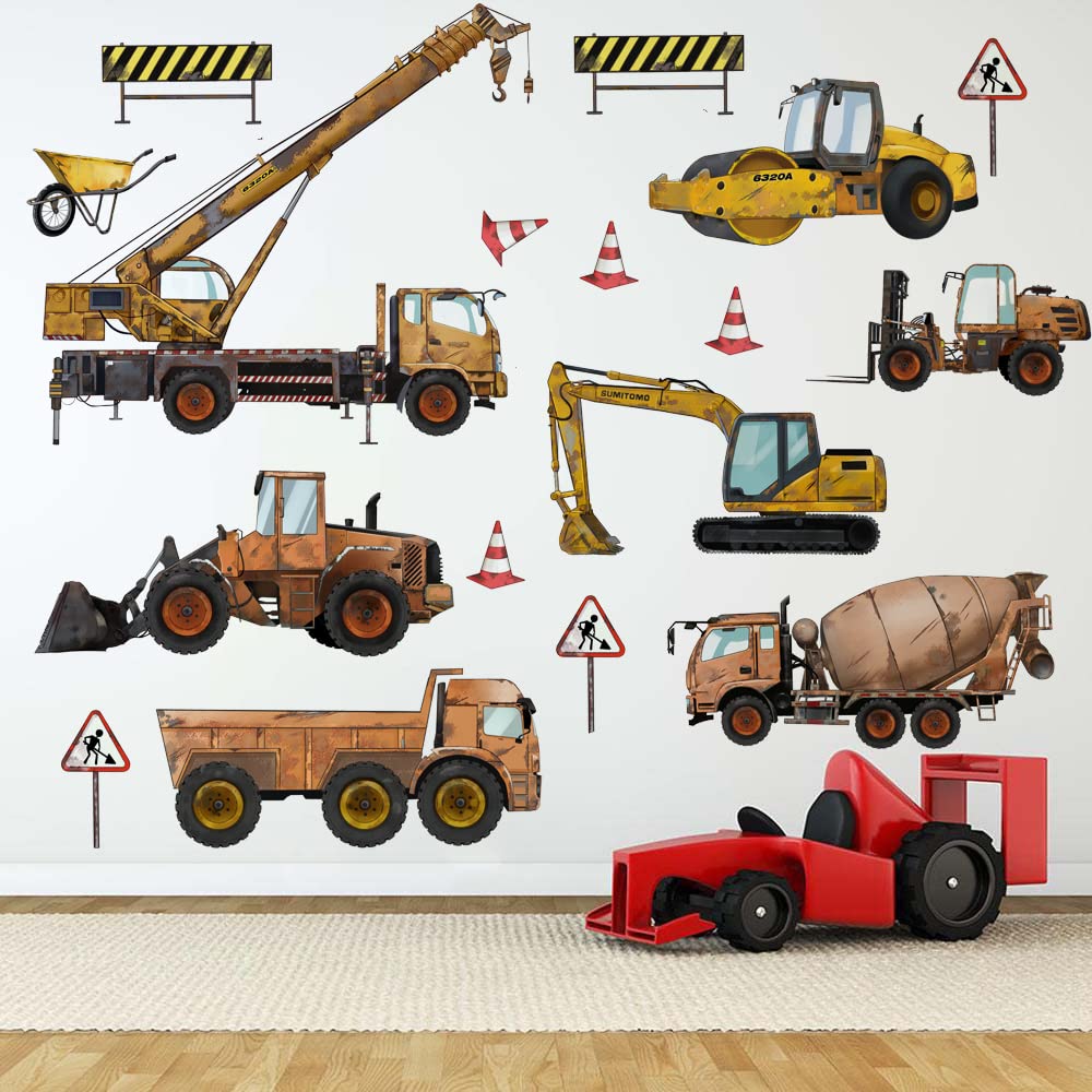 Runtoo Construction Vehicles Wall Stickers Excavator Tractor Truck Car Wall Decals Kids Bedroom Boys Room Playroom Wall Decor