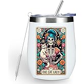 Funny Cat Lady Skeleton Wine Tumbler, Sarcastic Skull Gothic Witch Stuff Goth Witchy Gifts for Women Cat Lover Birthday Christmas Coffee Cup Insulated Stainless Steel 12oz Wine Glass with Lid, Straw