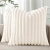 Pallene Faux Fur Plush Spring Throw Pillow Covers 20x20 Set of 2, Luxury Soft Fluffy Striped Decorative Pillow Covers for Sofa, Couch, Living Room, Cream White