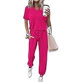 MASCOMODA Womens 2 Piece Outfits Summer Casual V Neck Short Sleeve Tops Long Pants Tracksuit Lounge Jogger Set with Pockets