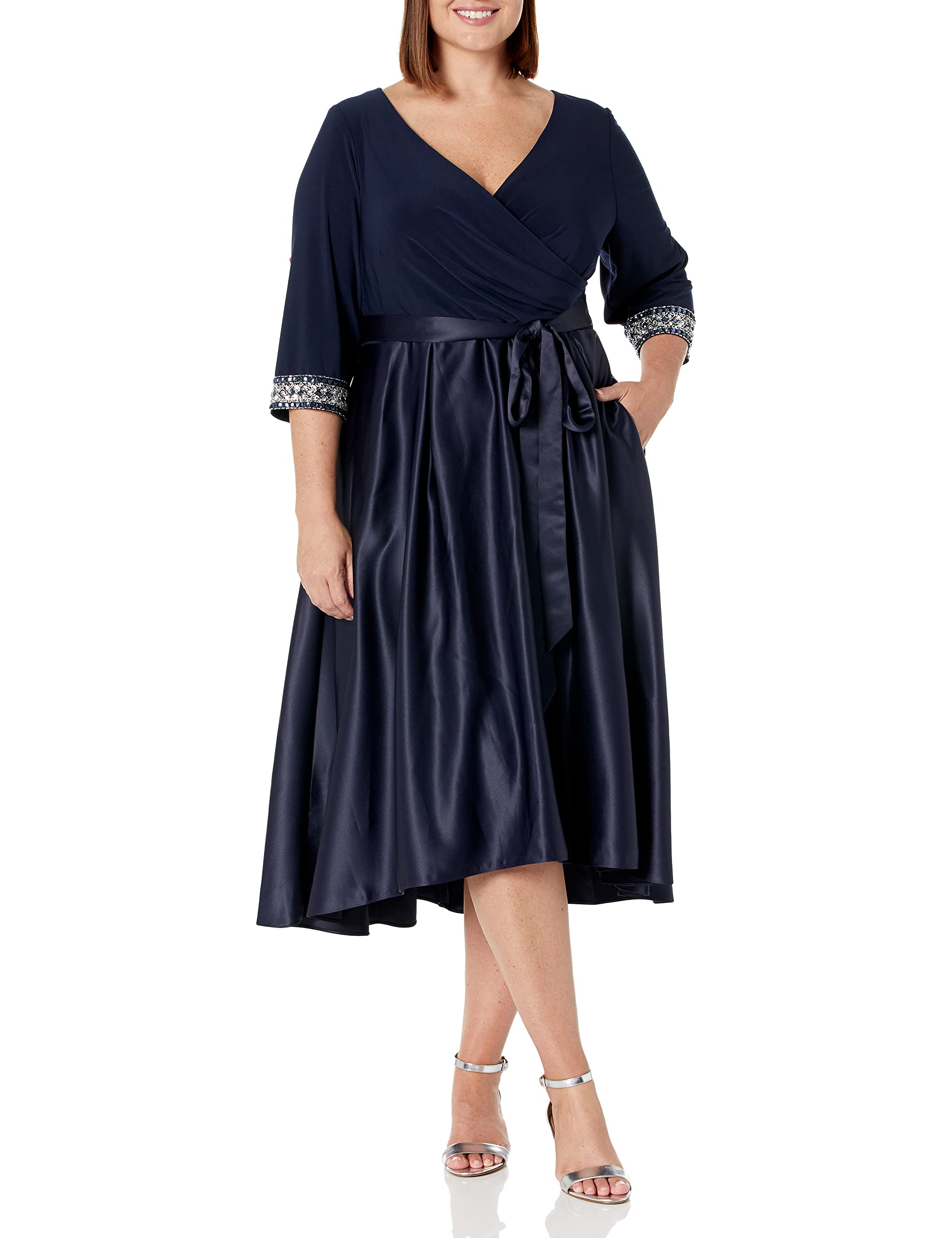 Photo 1 of Alex Evenings Women's Plus Size Satin Ballgown Dress with Sleeve, Navy Beaded, 20W
