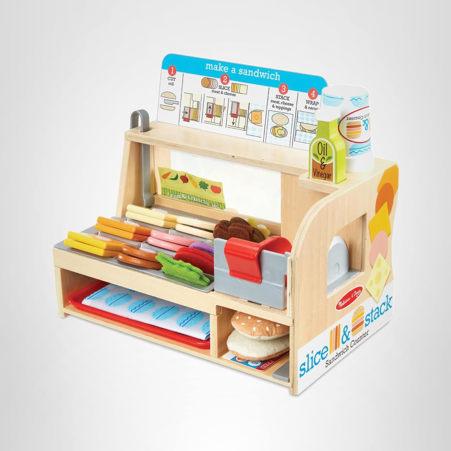 Melissa & Doug Slice-Stack-Serve, Wooden Sandwich Counter Pretend Play Store with Play Food Toys, Play Money & Deli Slicer, Preschool Toys for Kids 3+
