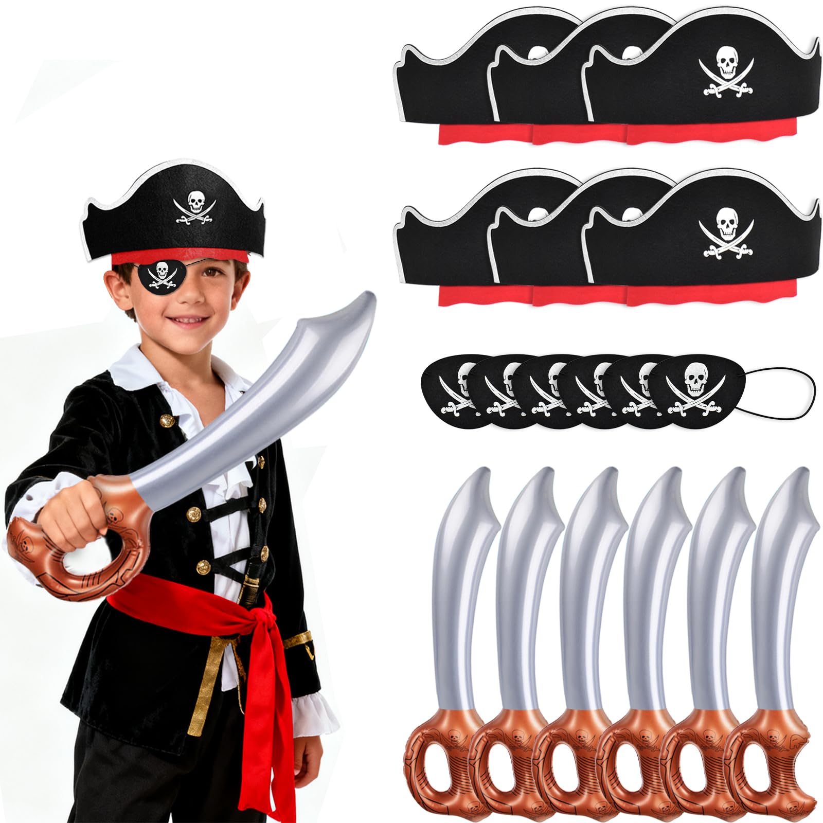 Photo 1 of ZeeDix 18 Pcs Pirate Hat Set Pirate Party Favors 6 Pcs Hats 6 Eye Patches 6 Swords for Adults, Birthday Party Supplies for Halloween Masquerade Photo Props