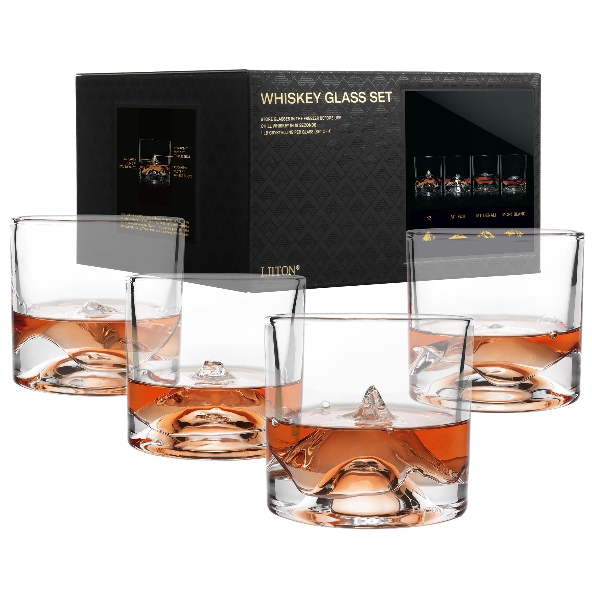 LIITON The Peaks Variety Mountain Whiskey Glasses Set of 4 Unique Freezable Old Fashioned Glass Chills Cocktails, Bourbon, Scotch with 1lb of Frozen Crystal, Gifts for Men on Fathers Day & Christmas