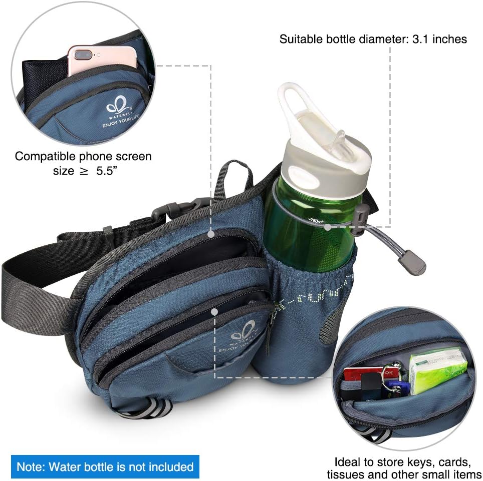 Waterfly Waist Pack Fanny Pack Bum Bag Hip Pack Running Bag Waist Bag Running Belt Sack Water Resistant with Bottle Holder for Hiking Camping Dog Walking Navy Blue - Image 3