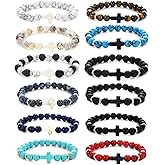 Svovin 12Pcs Fashion Religion Cross Men Women 8mm Natural Stone Lava Tiger Eye Stretch Anxiety Bracelets Unisex 7.5"