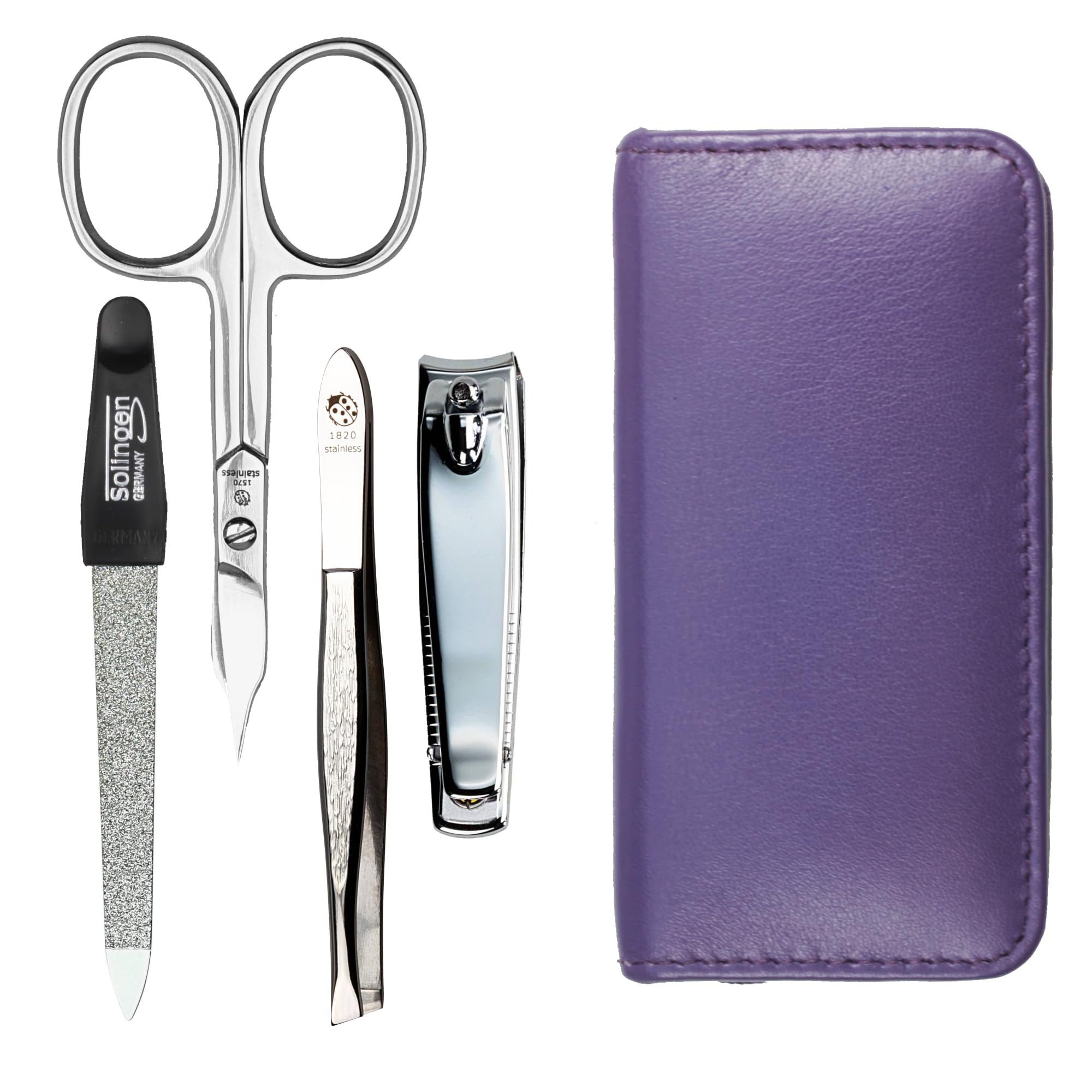 Manicure Set 4-Piece Travel Case - Nail Scissors, Nail Clippers, Nail File and Tweezers - Case Made of Genuine Nappa Lambskin Leather - Manicure and Pedicure (Purple)