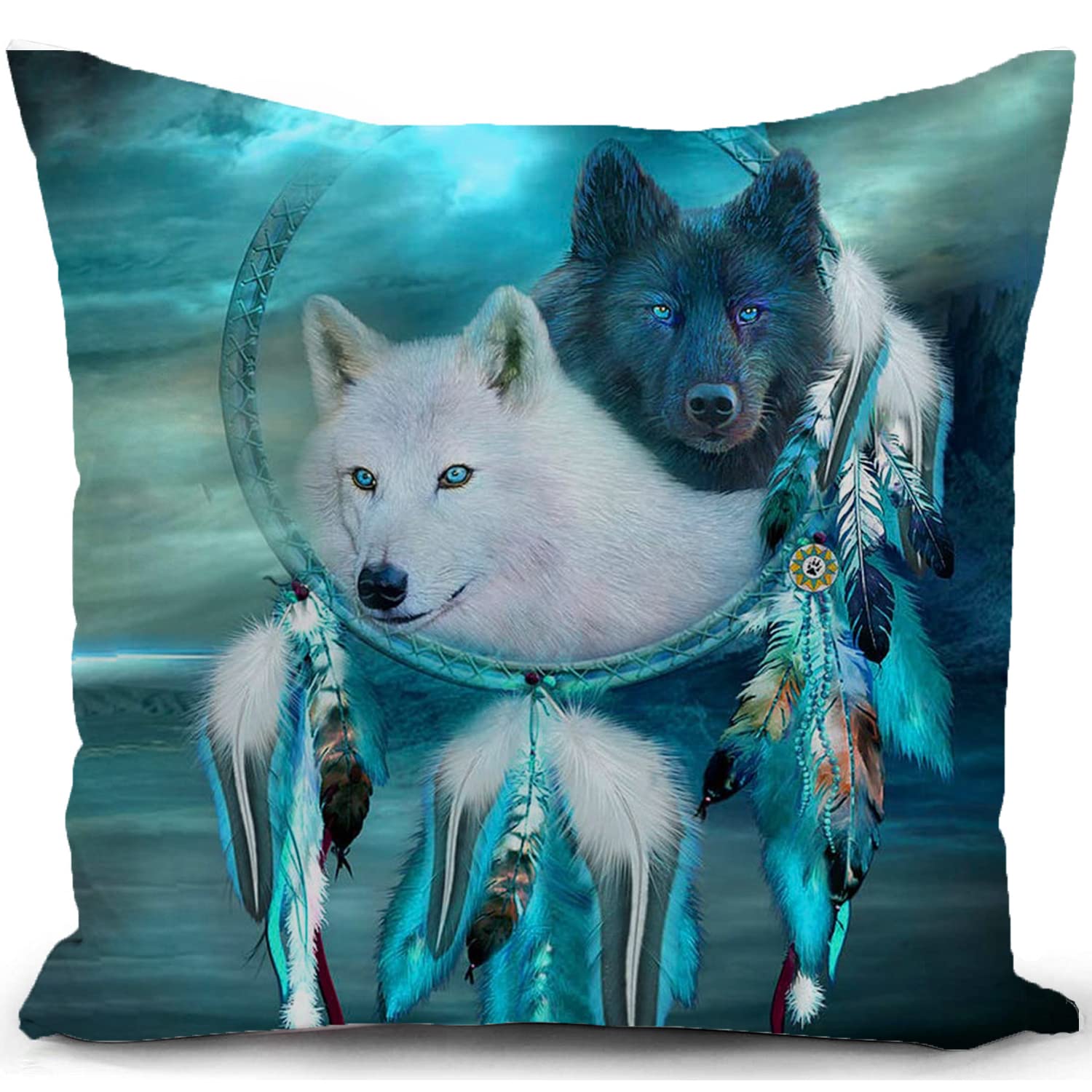 KUNQIAN Wolf Cushion Cover Dream Catcher Teal Pillow Cover Decor for Home Livingroom Couch Bed Sofa Decorate Throw Pillow Case Wolf Gift 18''x18'' (ac16c) 45 x 45 cm — image 1