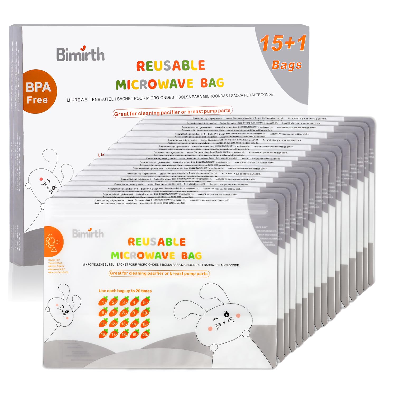 Bimirth Microwave Steriliser Bags, Steam Steriliser Bags, Pack of 16 Reusable, Cleaning Baby Bottles, Pacifier, Teethers & Training Cups, 20 Uses Per Bag, Only 3 Minutes, Marking System, Chemical Free