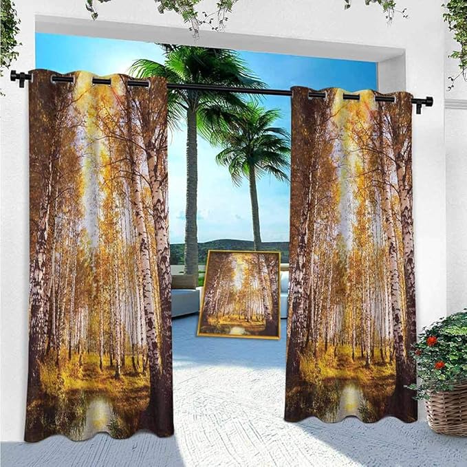 YUAZHOQI Tree Weatherproof Outdoor Curtains, Autumn Season Forest in