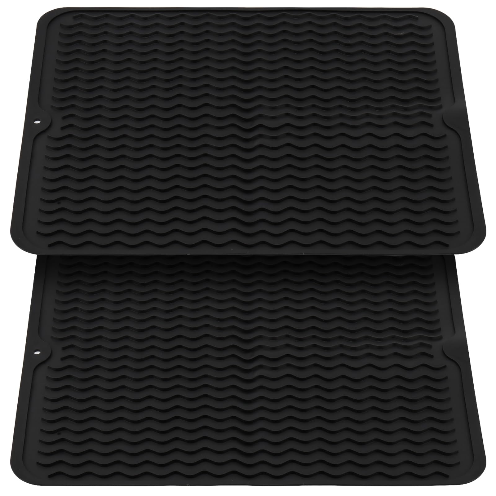 KEILEOHO Pack of 2 Silicone Dish Drying Mat, 50 x 40 cm, Black, Wavy Pattern, Heat Resistant, Non-Slip Drip Mat for Kitchen, Sink, Bathroom