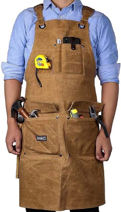 LEFOR·Z Work Apron Heavy Duty Waxed Canvas Cross-Back Straps Brown
