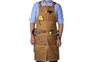 Woodworking Shop Apron,16 OZ Waxed Canvas Tool Apron for Men & Women, Work Apron with Cross-Back Straps,Adjustable M to XXL (