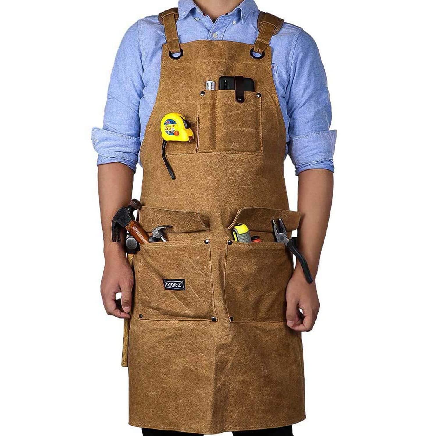 LEFOR·Z Work Apron for Men, Heavy Duty Waxed Canvas Tool Apron for Carpenter, Woodworker with Cross-Back Straps, Adjustable M to XXL(Brown)