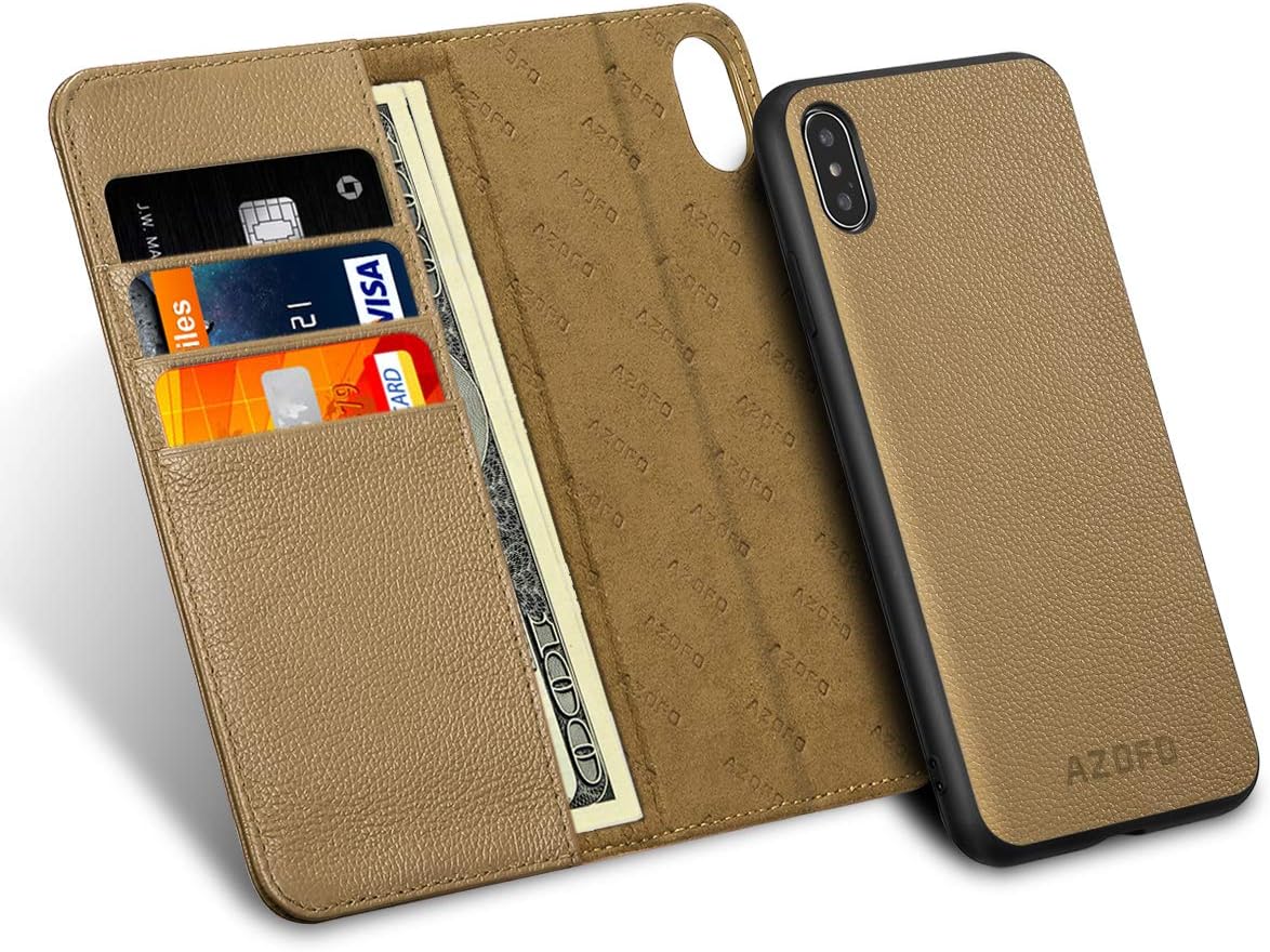 AZOFO iPhone Xs Max Wallet Case, [2 in 1] Detachable Magnetic Case [Cowhide Leather] Slim Flip Folio Cover, Card Holder Slots, Kickstand Compatible iPhone Xs Max (6.5-inch), Gold