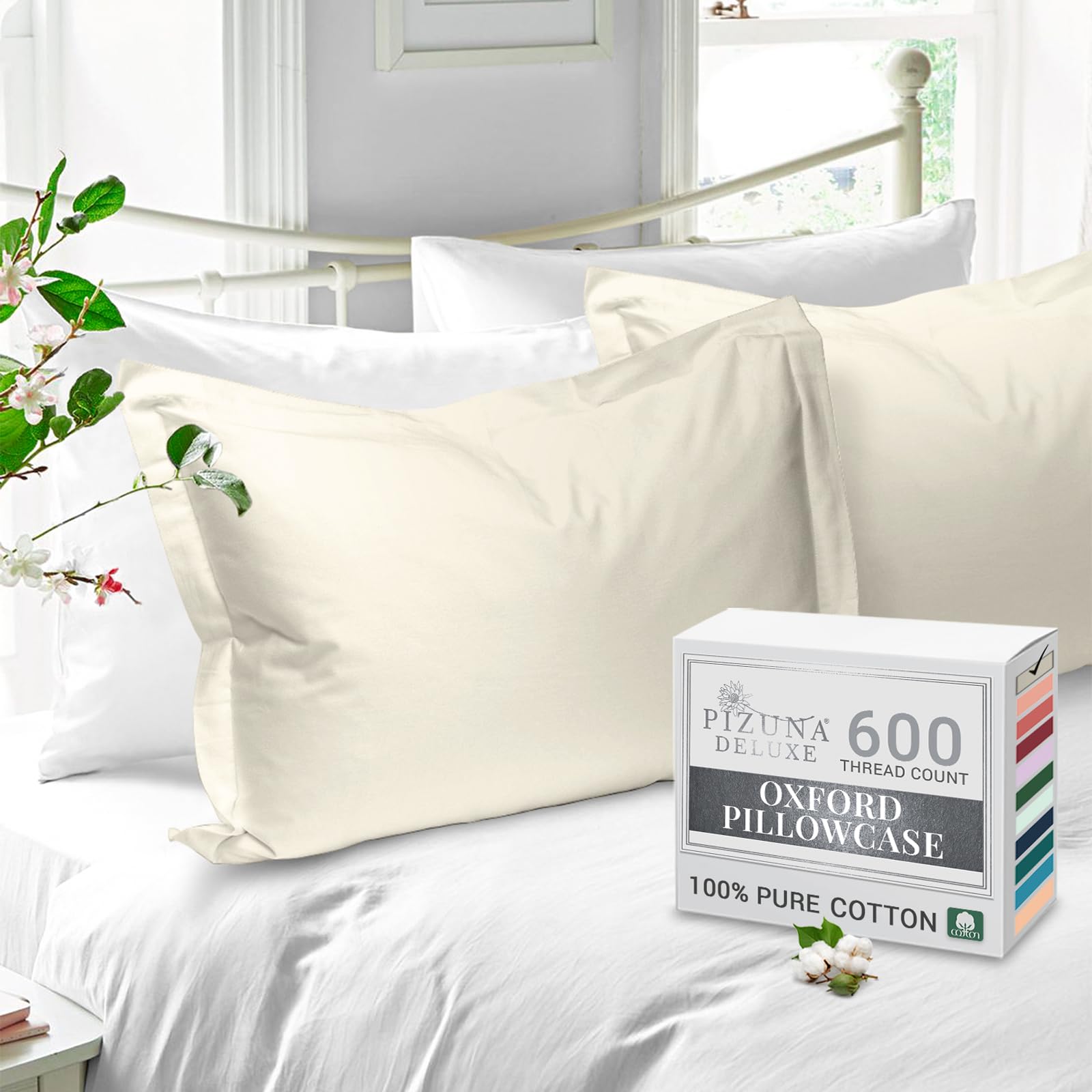 Pizuna Pure Cotton Standard Pillowcases 2 Pack Ivory 50x75cm, 600 Thread Count Long Staple Combed Cotton Crisp Pillow Cover, Soft Sateen Oxford Pillow Cases (Cooling Pillowcase)